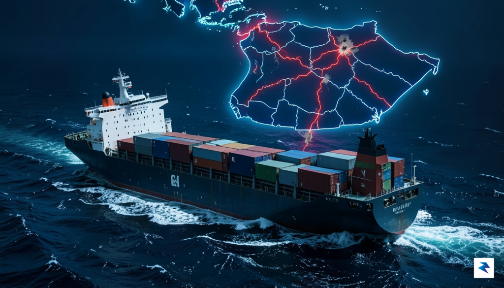 A digital illustration showing a commercial cargo ship navigating choppy,…