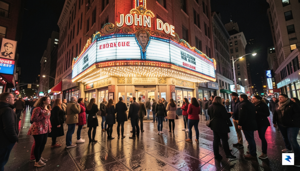 A wide-angle shot of a glowing Broadway marquee at night&hellip;