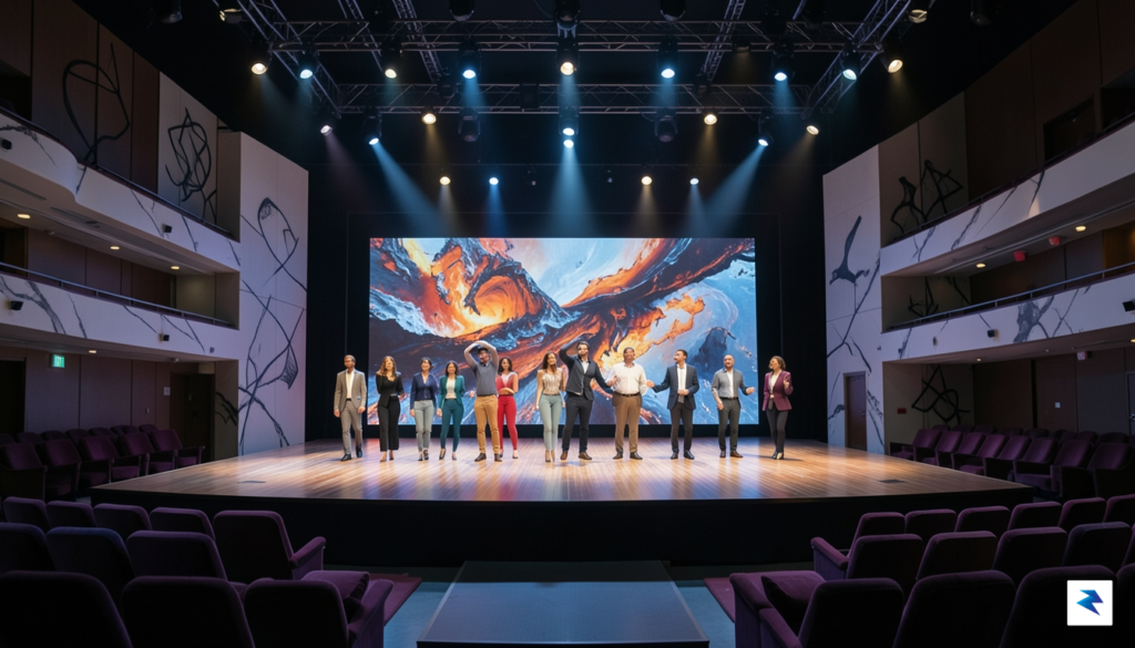 A vibrant, modern Broadway stage setup featuring minimalist, artistic lighting&hellip;