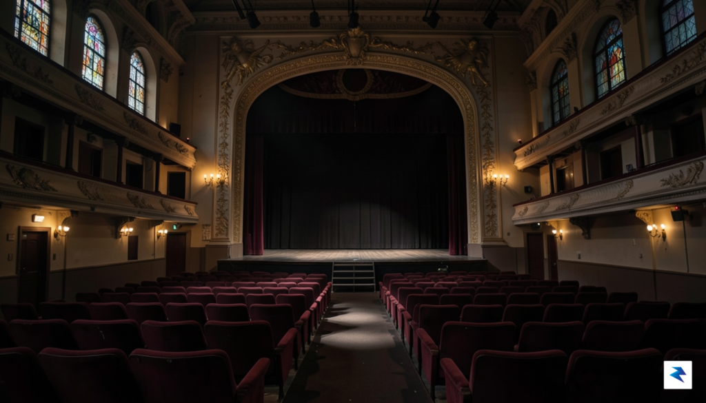 A wide-angle, low-light photograph of an empty, historic Broadway theater&hellip;