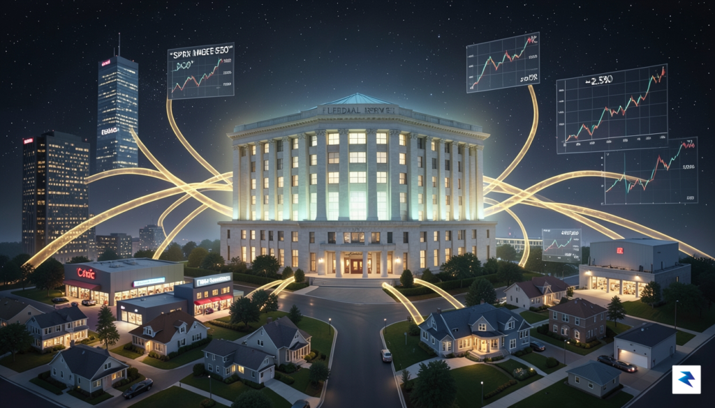 A conceptual digital illustration showing a large, glowing U.S. Federal&hellip;