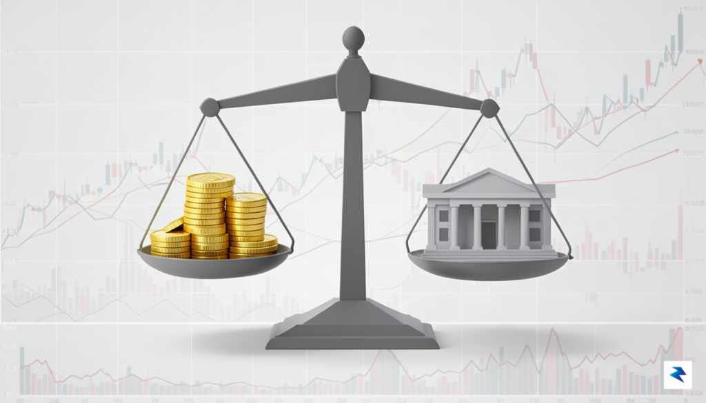 A modern, minimalist digital illustration showing a balance scale tipping&hellip;