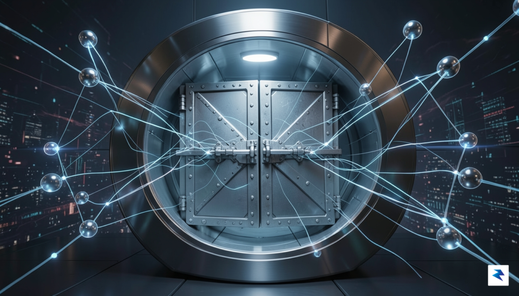 A conceptual digital illustration of a central bank vault connected&hellip;