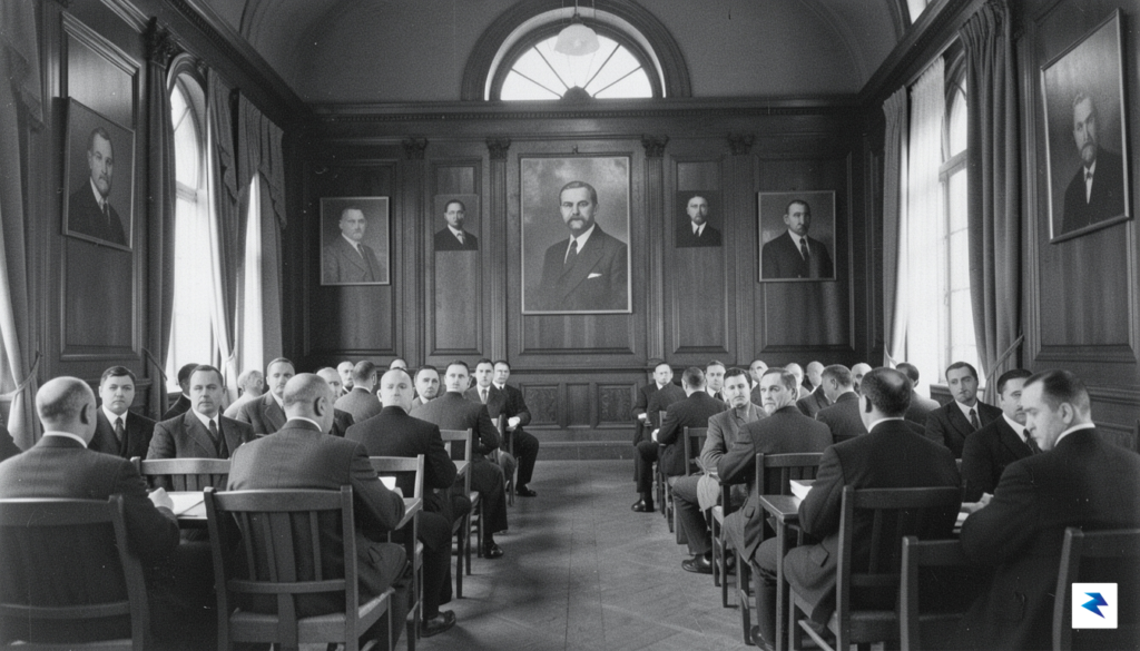 A black and white historical photograph showing a somber, wood-paneled&hellip;