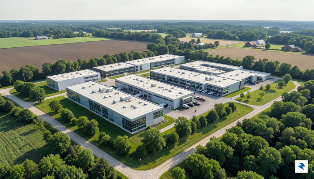 An aerial wide shot of a modern, sprawling data center&hellip;