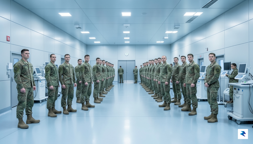 A wide-angle shot of a busy, modern military medical facility&hellip;