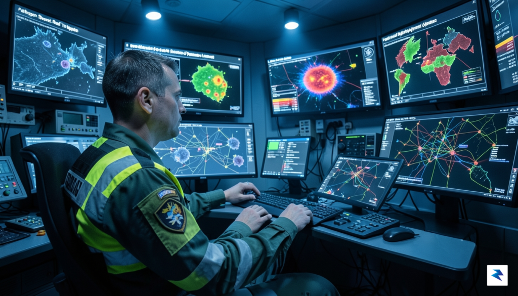 A modern military medical professional in a high-tech control room,&hellip;