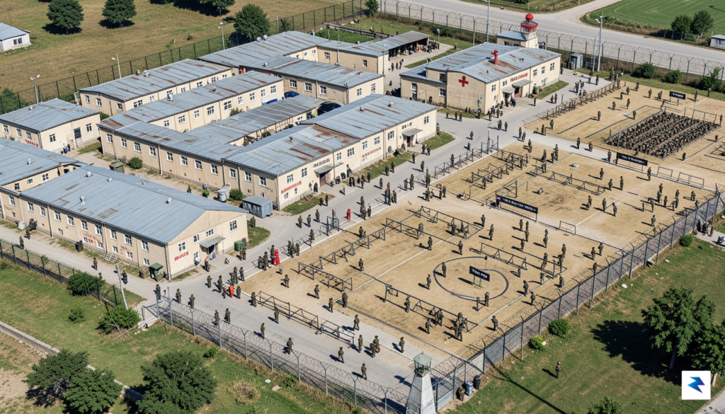 A bird's-eye view of a bustling military base, with barracks,&hellip;