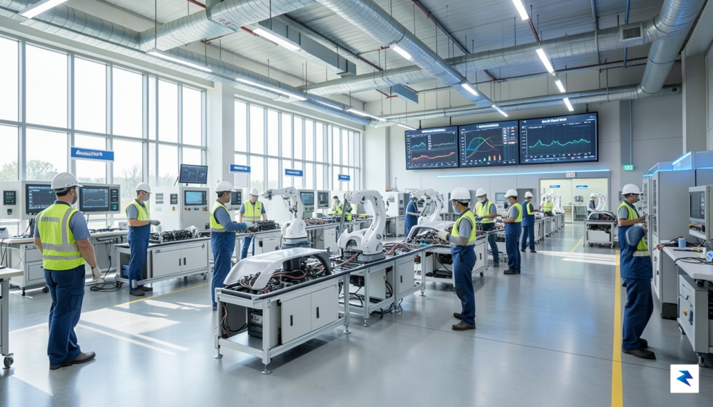 A sleek, high-tech industrial manufacturing facility showing a collaborative assembly&hellip;