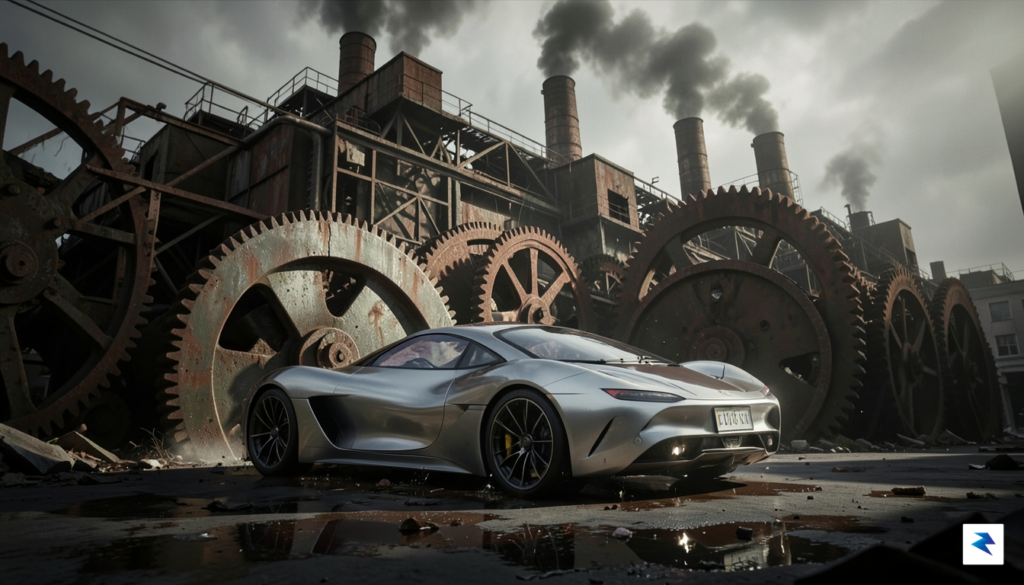 A conceptual illustration showing a sleek, futuristic car prototype struggling&hellip;