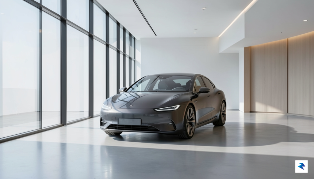 A sleek, minimalist luxury electric sedan parked in a modern,&hellip;