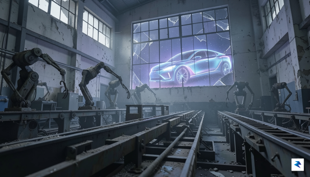 A conceptual, high-contrast photograph showing a dusty, abandoned automotive assembly&hellip;
