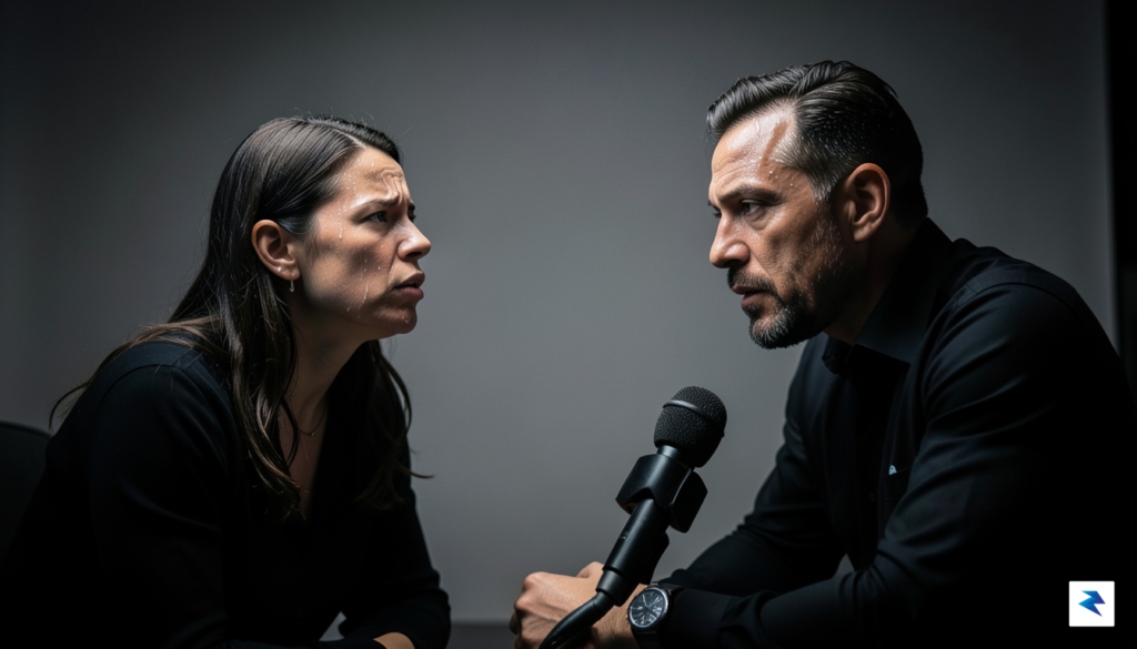 A high-contrast, cinematic wide shot of a celebrity guest sweating…