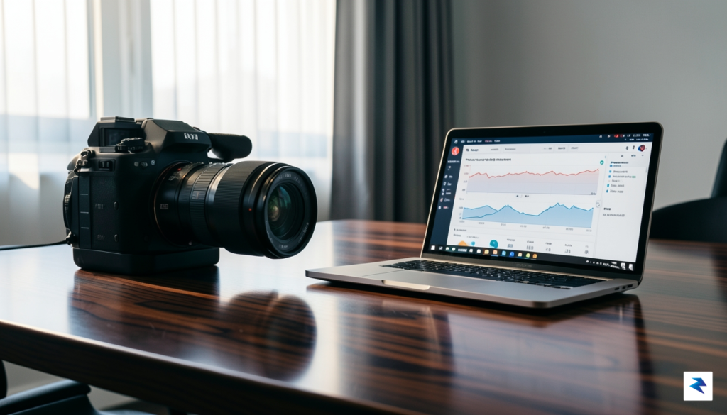 A cinematic, high-contrast shot of a sleek modern media boardroom…