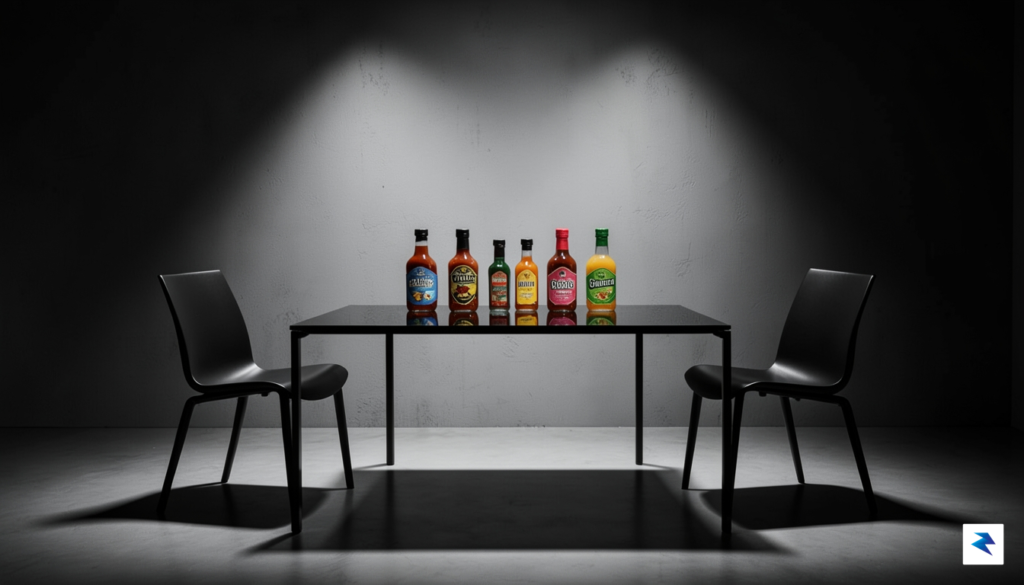 A modern, minimalist studio set featuring a high-contrast lighting design…