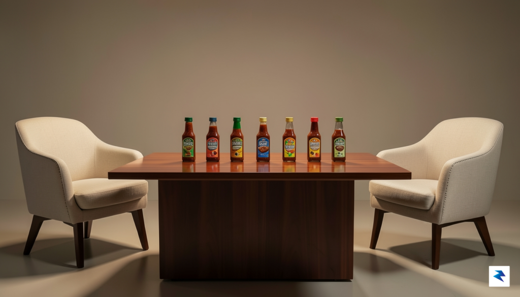 A modern, high-definition studio set featuring a polished wooden table,…