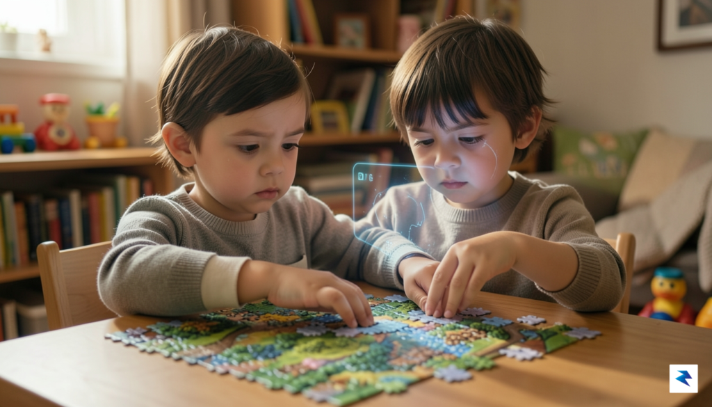A child looking thoughtfully at a complex puzzle, while a&hellip;