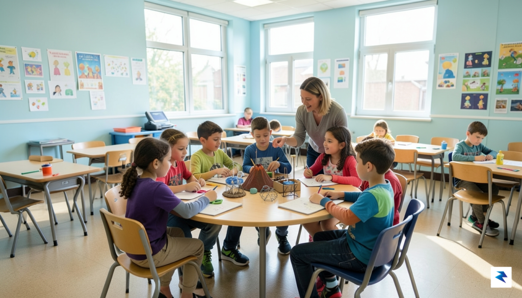 A brightly lit, modern elementary school classroom where students are&hellip;