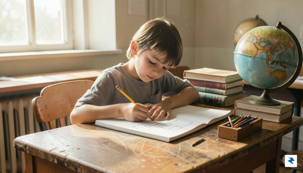 A young child sitting at a wooden desk, deeply focused,&hellip;