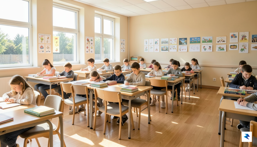 A bright, modern Norwegian elementary school classroom filled with wooden&hellip;