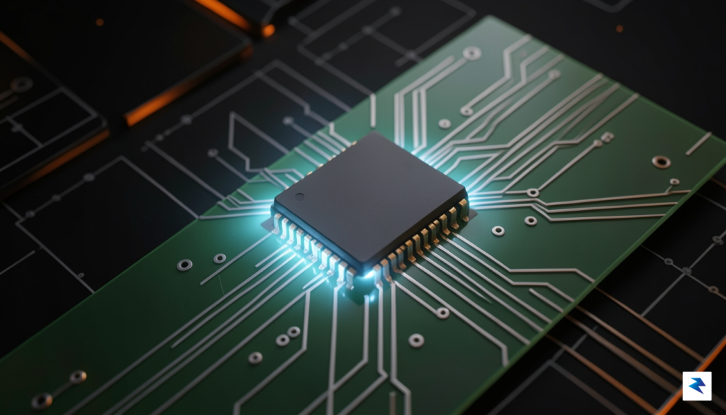 A conceptual close-up of a sleek, minimalist smartphone circuit board…