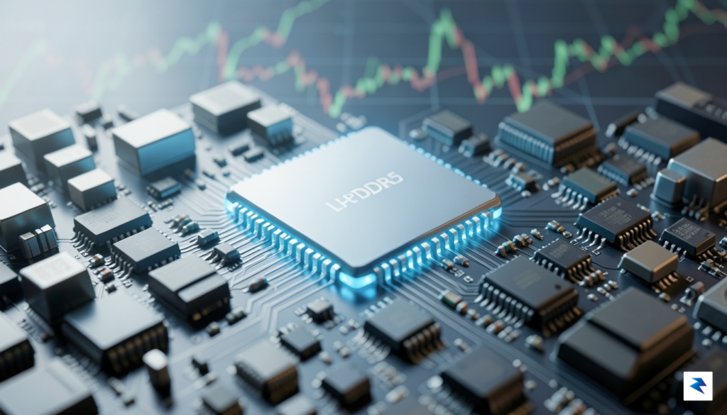 A close-up, abstract shot of a modern LPDDR5 RAM chip,…