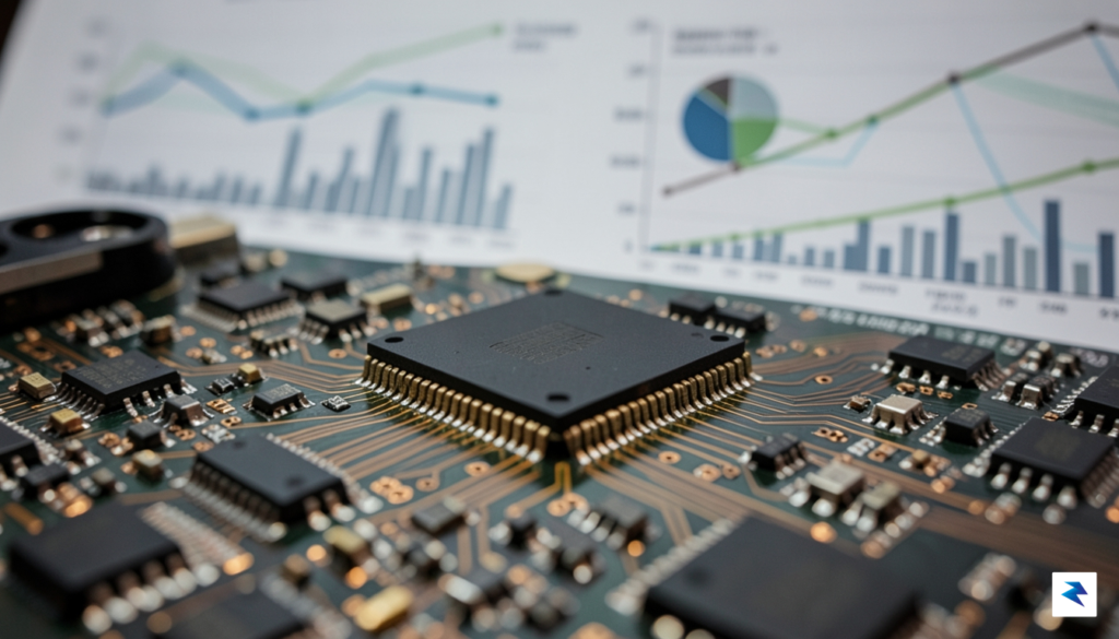 A close-up macro shot of a smartphone circuit board highlighting…