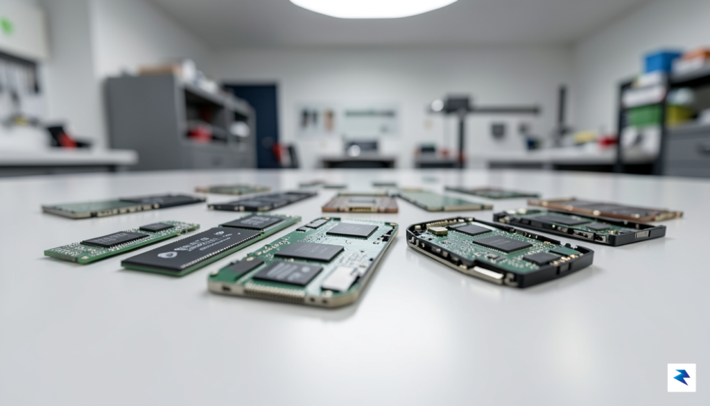 A close-up, artistic shot of various smartphone internal components like…