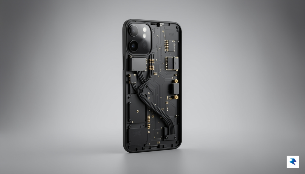 A minimalist studio photograph showing the internal circuitry and sleek…
