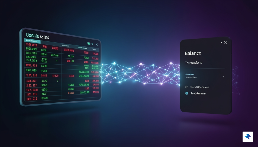 A digital illustration showing a glowing blockchain bridge connecting a&hellip;
