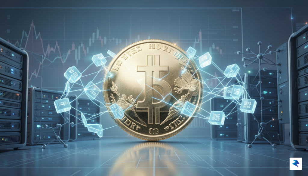 A conceptual digital visualization showing a golden dollar coin transitioning&hellip;