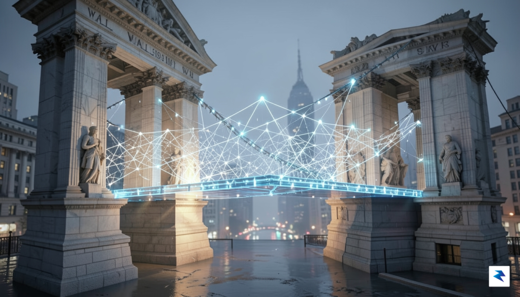 A conceptual illustration showing a digital bridge connecting traditional Wall&hellip;