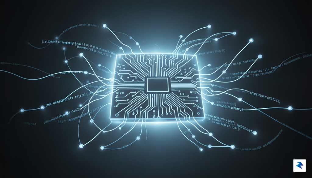 A conceptual digital illustration showing a glowing, intricate silicon wafer&hellip;