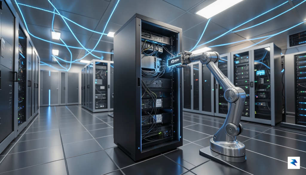 A sleek, futuristic data center aisle with glowing blue fiber&hellip;