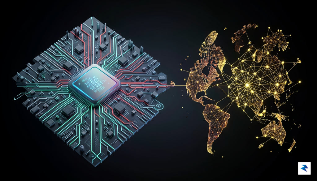 A conceptual digital illustration showing a complex microchip blueprint merging&hellip;