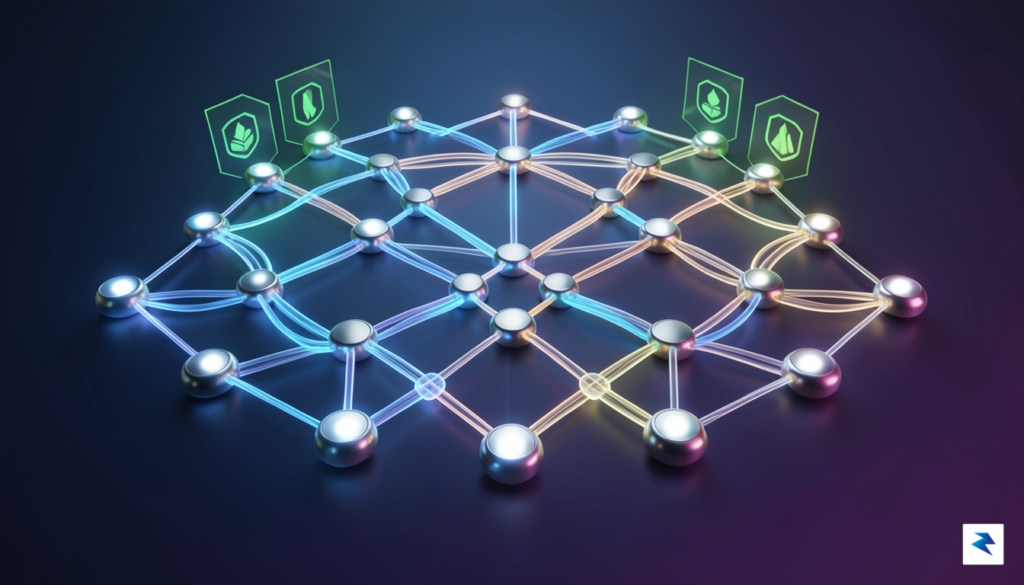 A conceptual digital visualization showing a series of interconnected nodes&hellip;