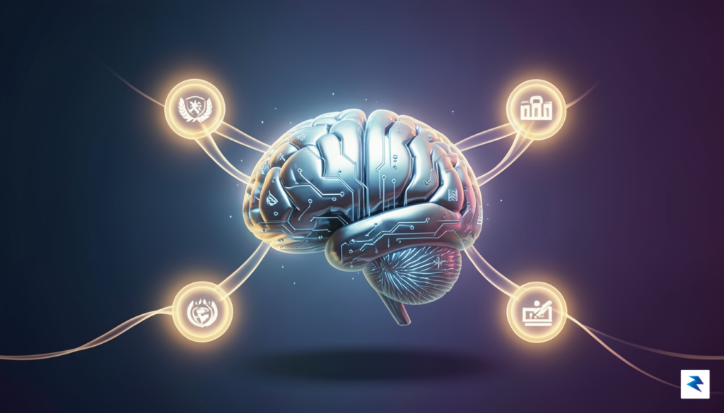 A conceptual illustration showing a digital brain being guided by&hellip;