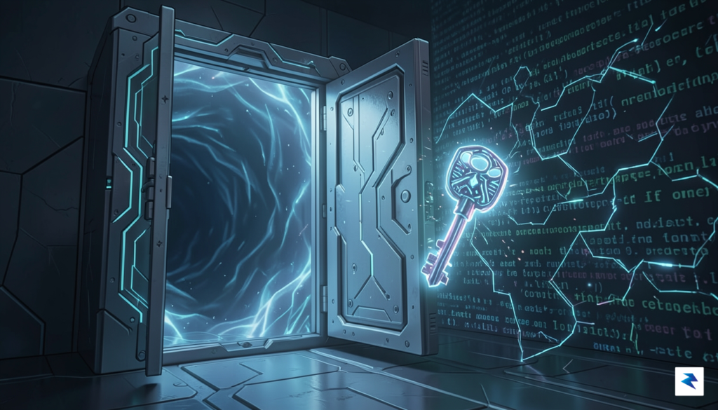 A conceptual illustration showing a secure, glowing digital vault door&hellip;