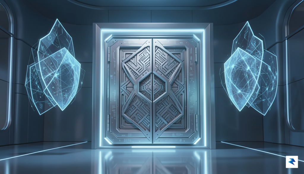 A sleek, professional digital illustration showing a glowing, multi-layered vault&hellip;
