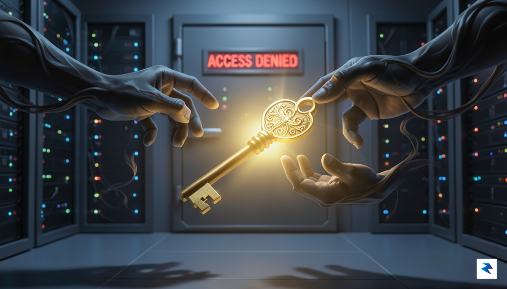 A conceptual digital illustration showing a glowing, golden master key&hellip;