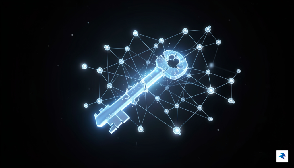 A sophisticated, abstract visualization of a glowing digital key fragmenting&hellip;