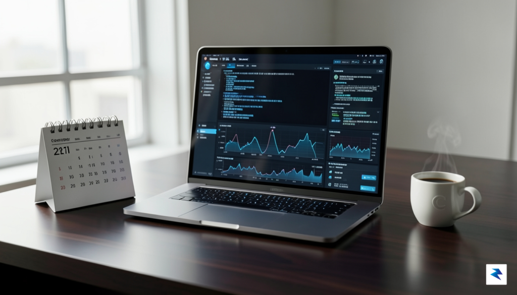 A sleek, professional-looking desk setup with a laptop displaying a&hellip;