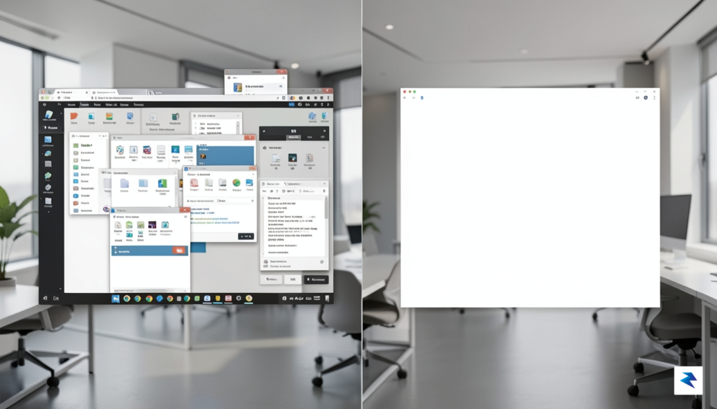 A sleek, modern workspace showing a split screen: one side&hellip;