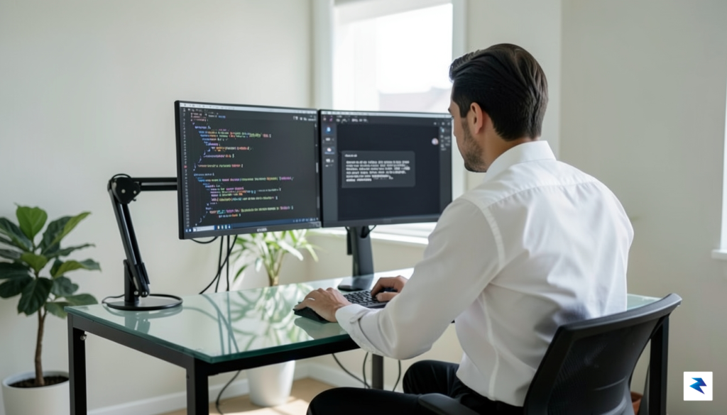A sleek, minimalist workspace showing a professional software engineer looking&hellip;
