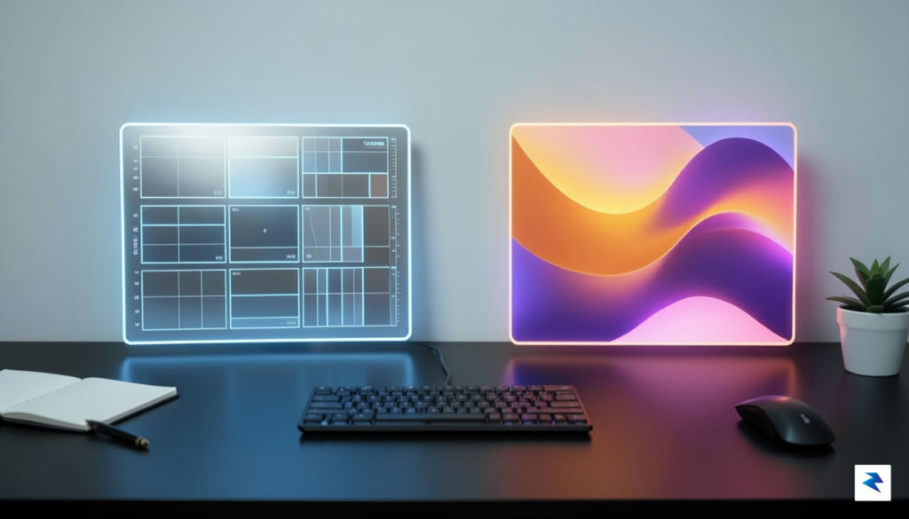 A conceptual digital illustration showing two sophisticated, glowing abstract interfaces&hellip;