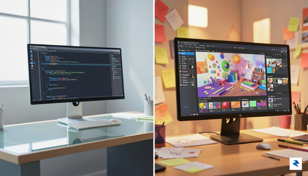 A split-screen digital illustration showing a clean, professional workspace on&hellip;