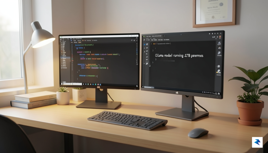 A clean, modern desk setup showing a dual-monitor configuration with&hellip;