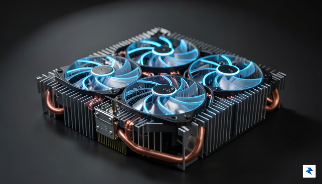 A close-up, high-tech macro shot of a modern consumer GPU&hellip;