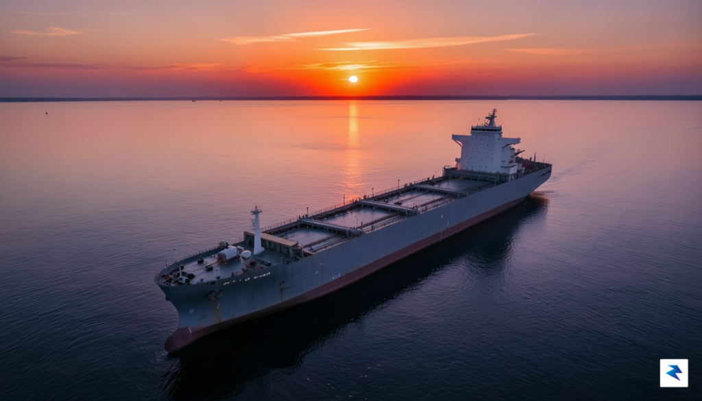 An overhead drone shot of a large oil tanker navigating&hellip;