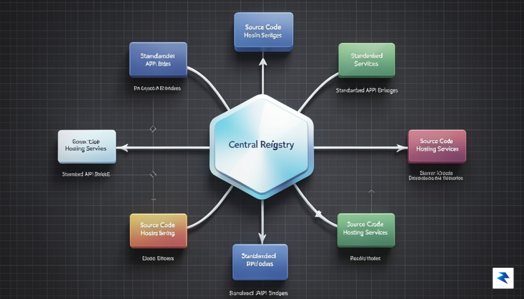 A conceptual digital schematic showing a modular software architecture where&hellip;